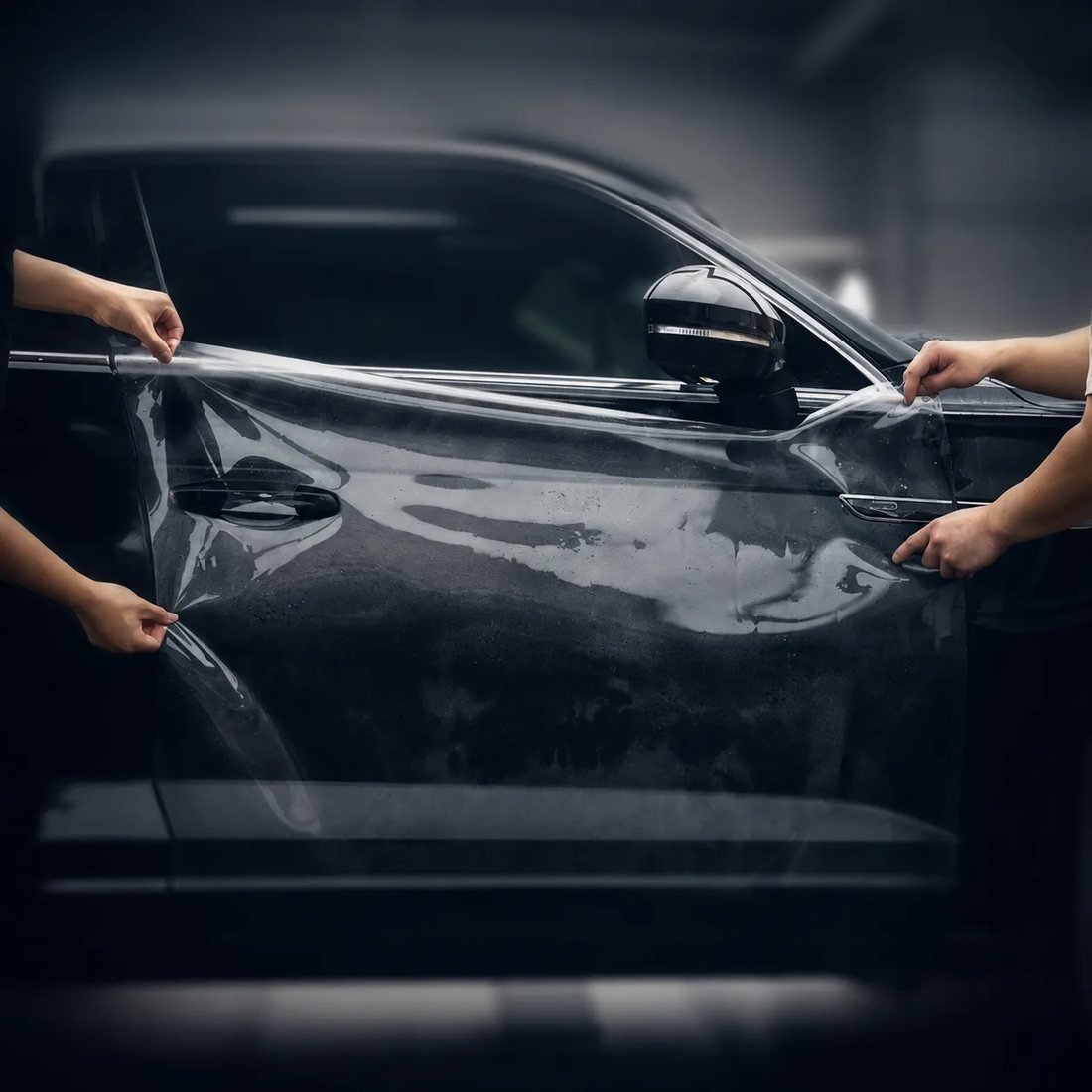 Two installers stretching clear TPU paint protection film across a dark car door