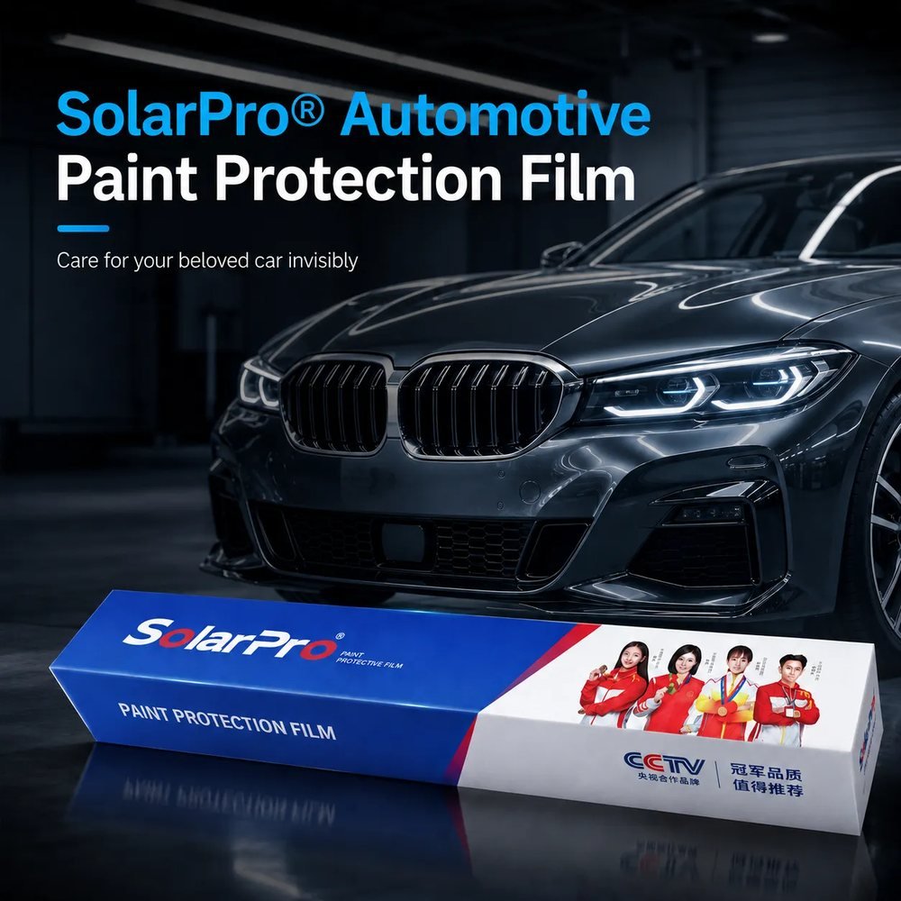 SolarPro automotive paint protection film retail carton in front of a dark grey sedan