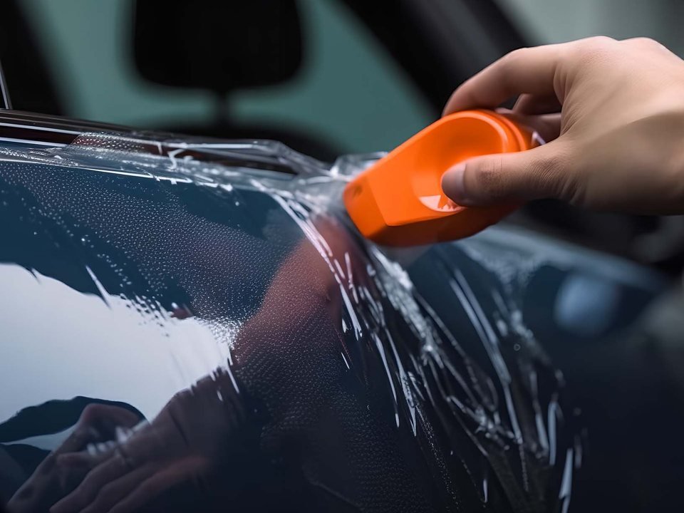 Orange squeegee driving slip solution out from under clear film on a dark bonnet