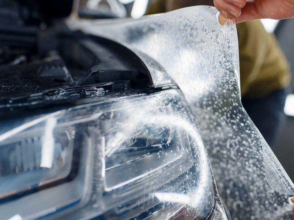 Wet clear film being laid over a headlight and bumper, slip solution beading on the surface