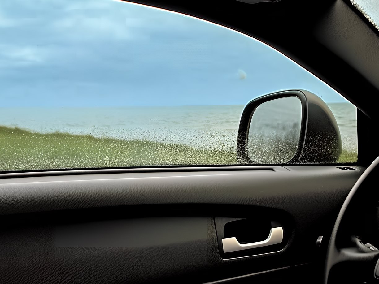 View through a tinted car side window towards the sea