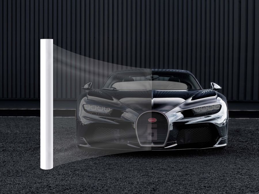 Transparent TPU paint protection film applied to a car bonnet