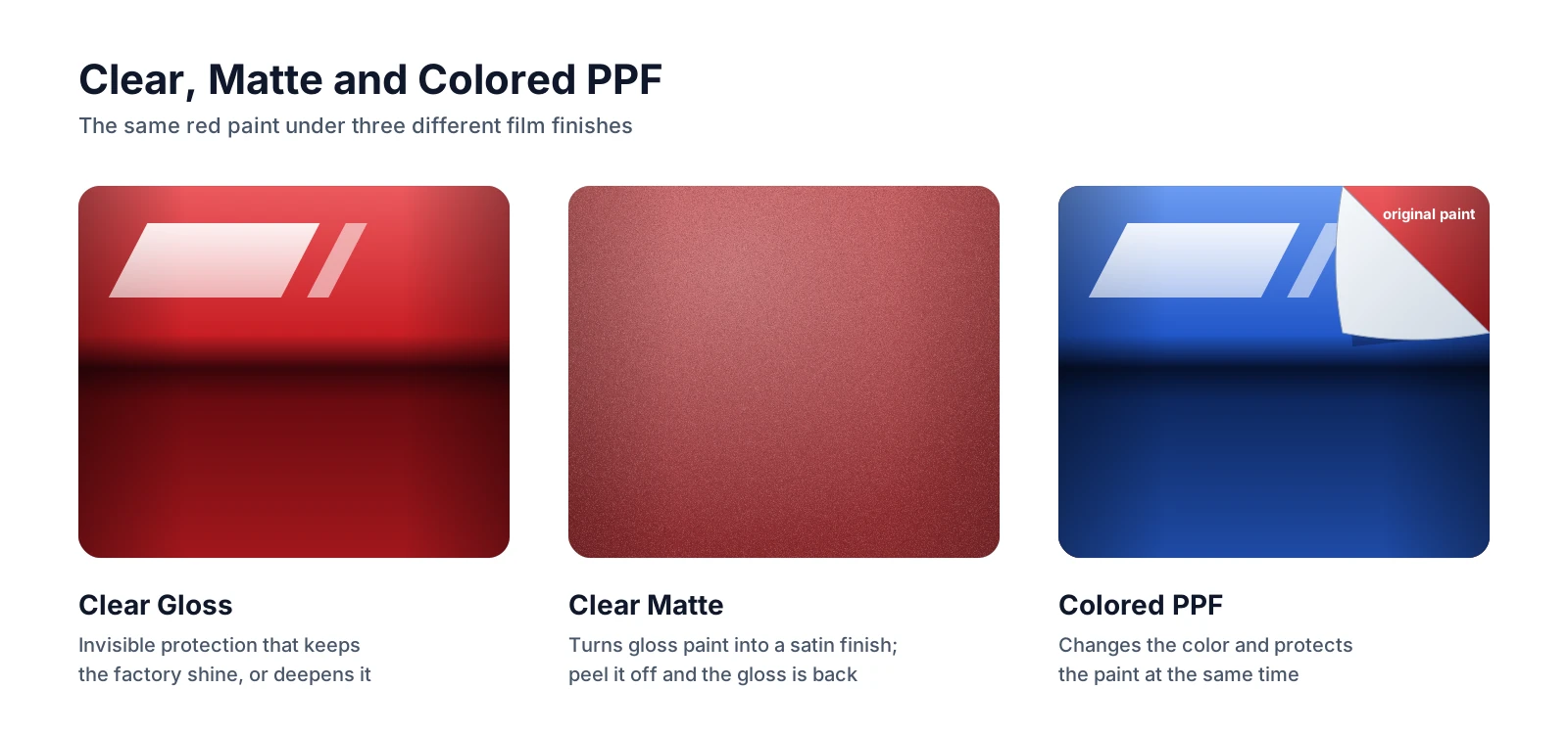 Clear, matte and colored paint protection film side by side