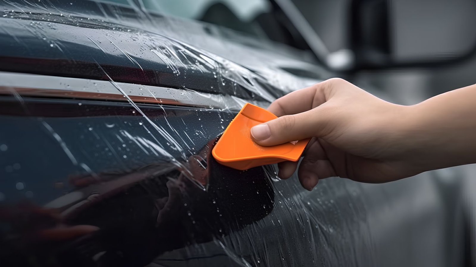 Installer squeegeeing clear TPU paint protection film onto a car panel