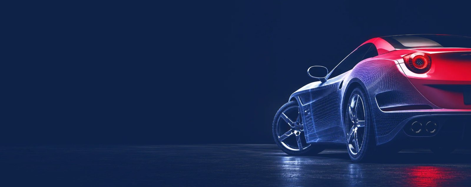 Sports car with a wireframe mesh over its bodywork, lit red and blue against a dark navy background