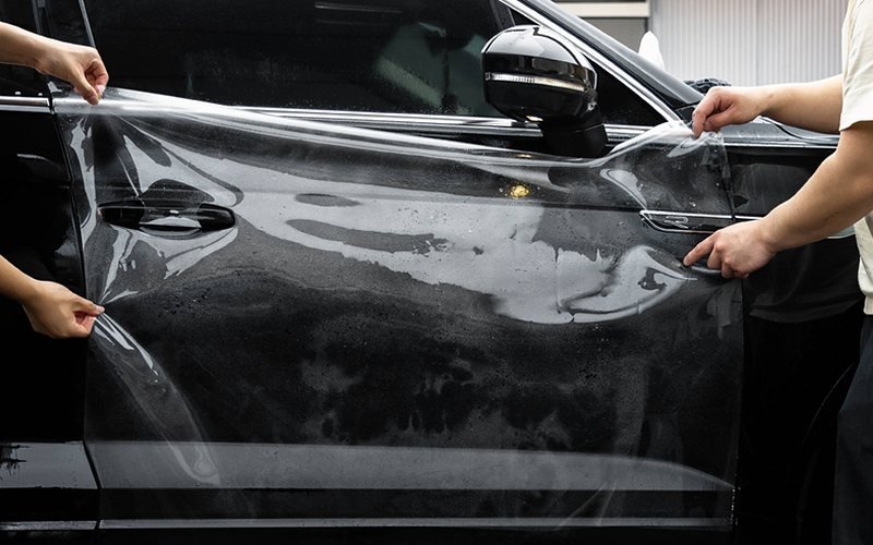 Two installers laying clear paint protection film over a black car door