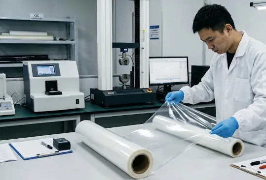 Inspecting a coated PPF roll in the quality lab