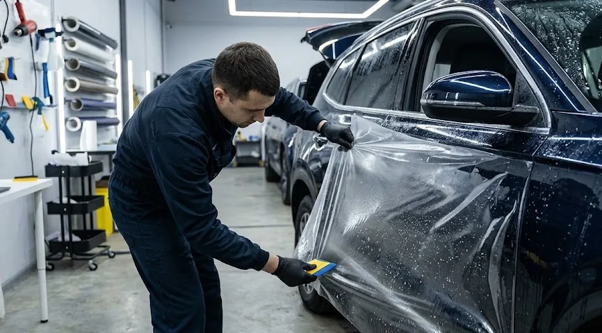 Installer applying clear paint protection film to a car door