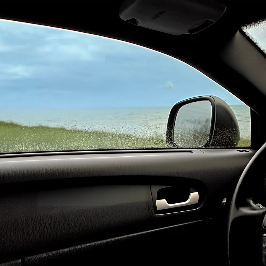 View out of a car side window through automotive window film
